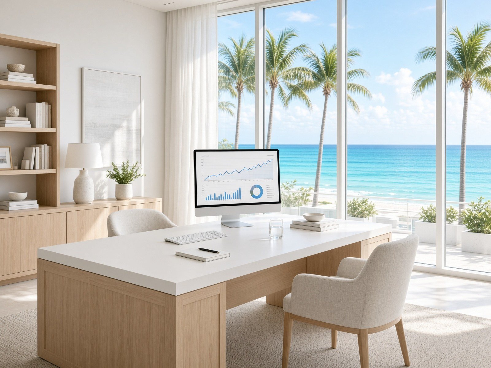 Sunlit modern office overlooking the ocean