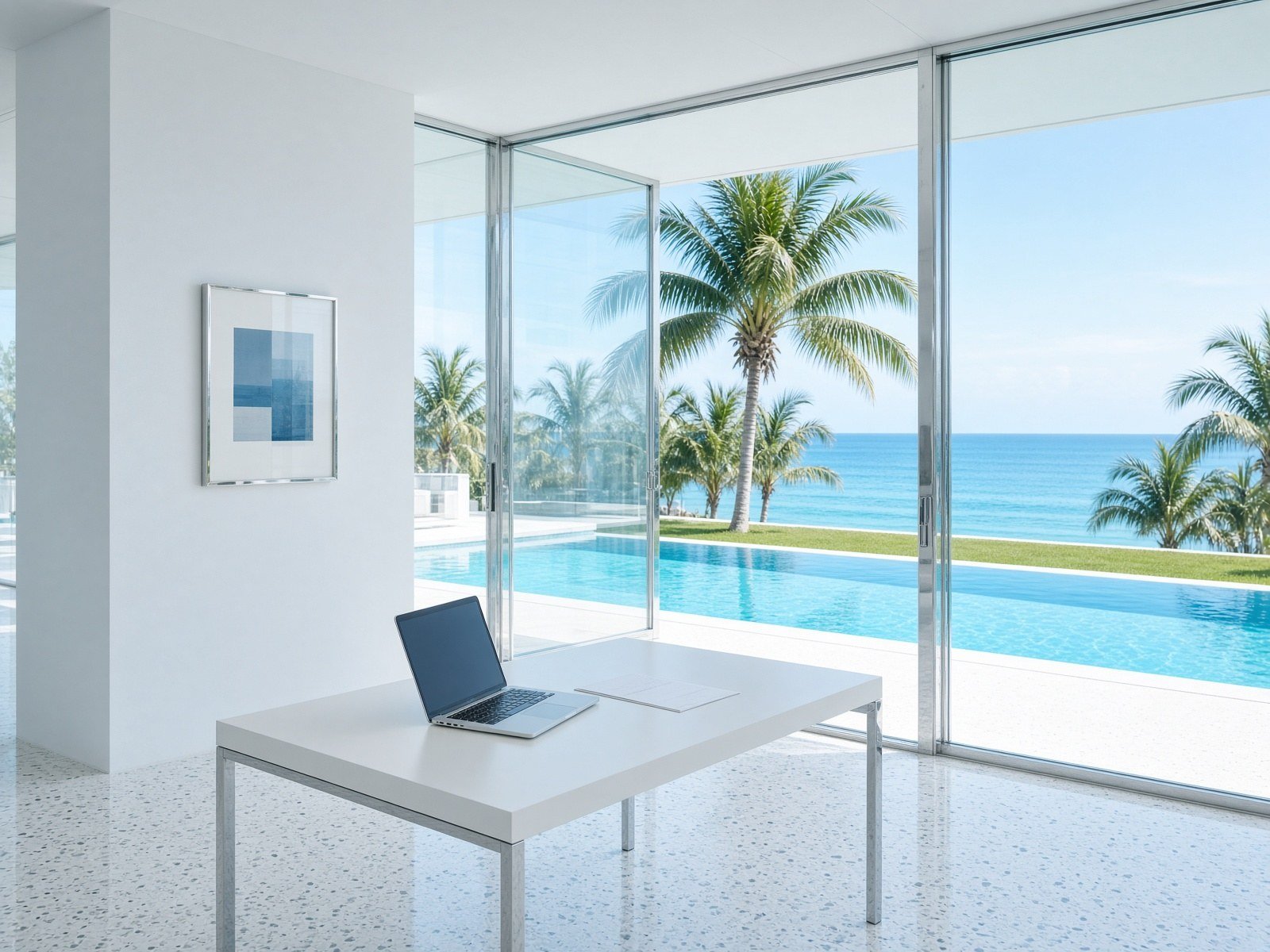Bright coastal living room opening to pool and ocean